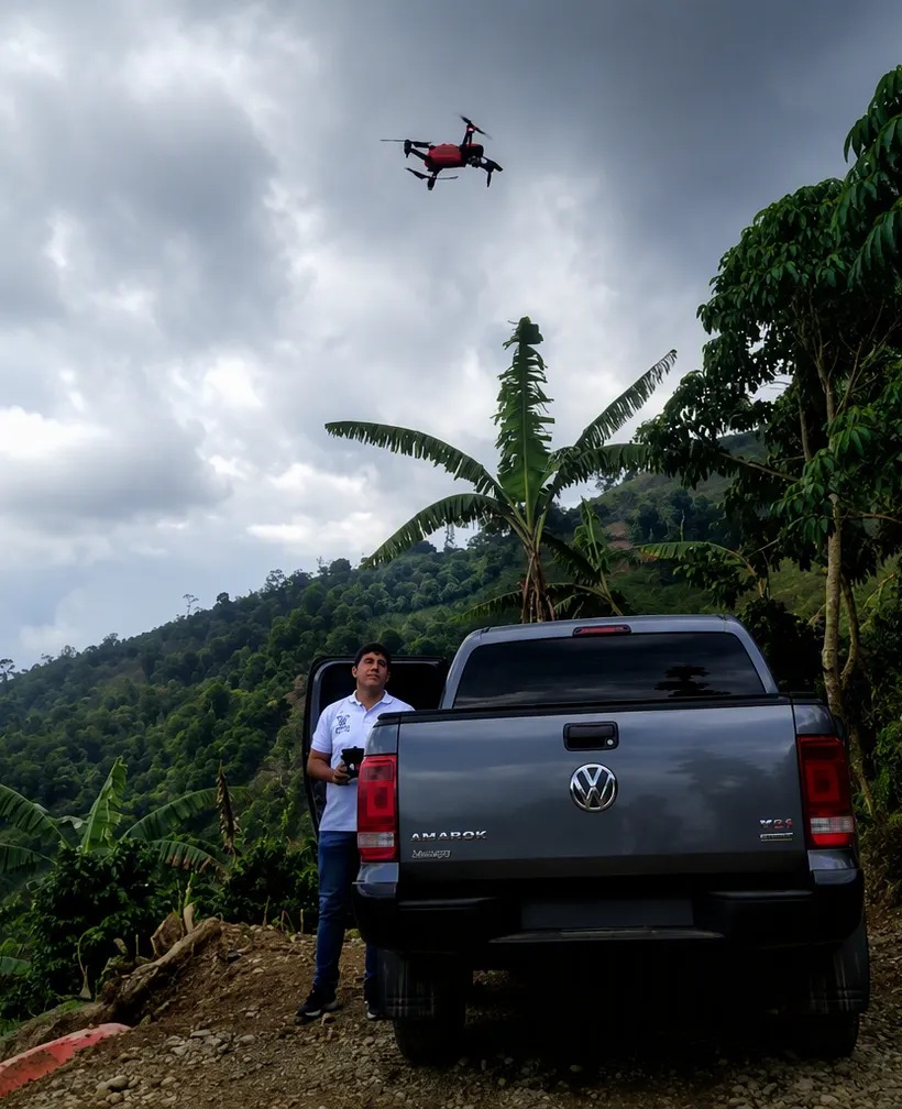 Dron sobrevolando una ladera boscosa mientras un profesional de SICO trabaja junto a una camioneta en el punto de despegue