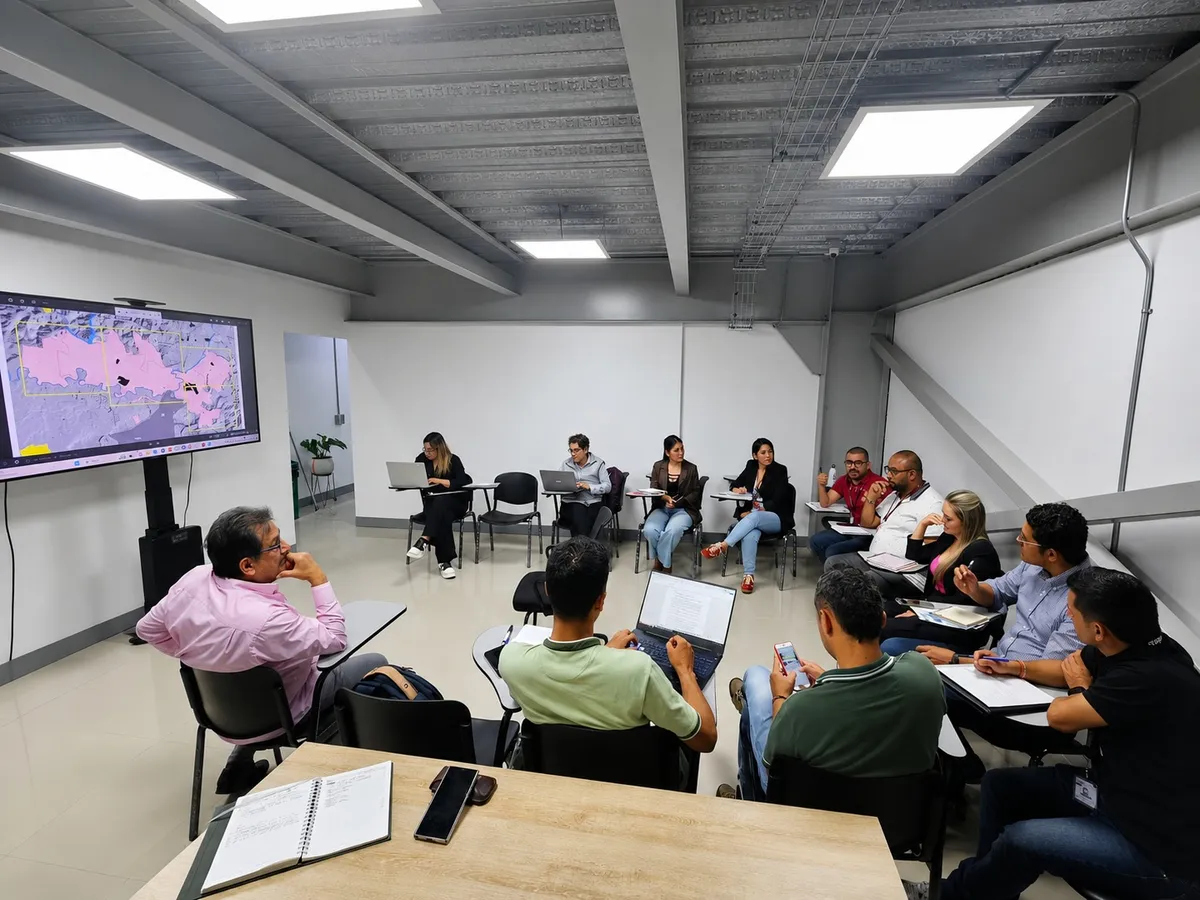 Comité técnico de SICO S.A.S. en sala de reuniones, revisando cartografía proyectada en pantalla
