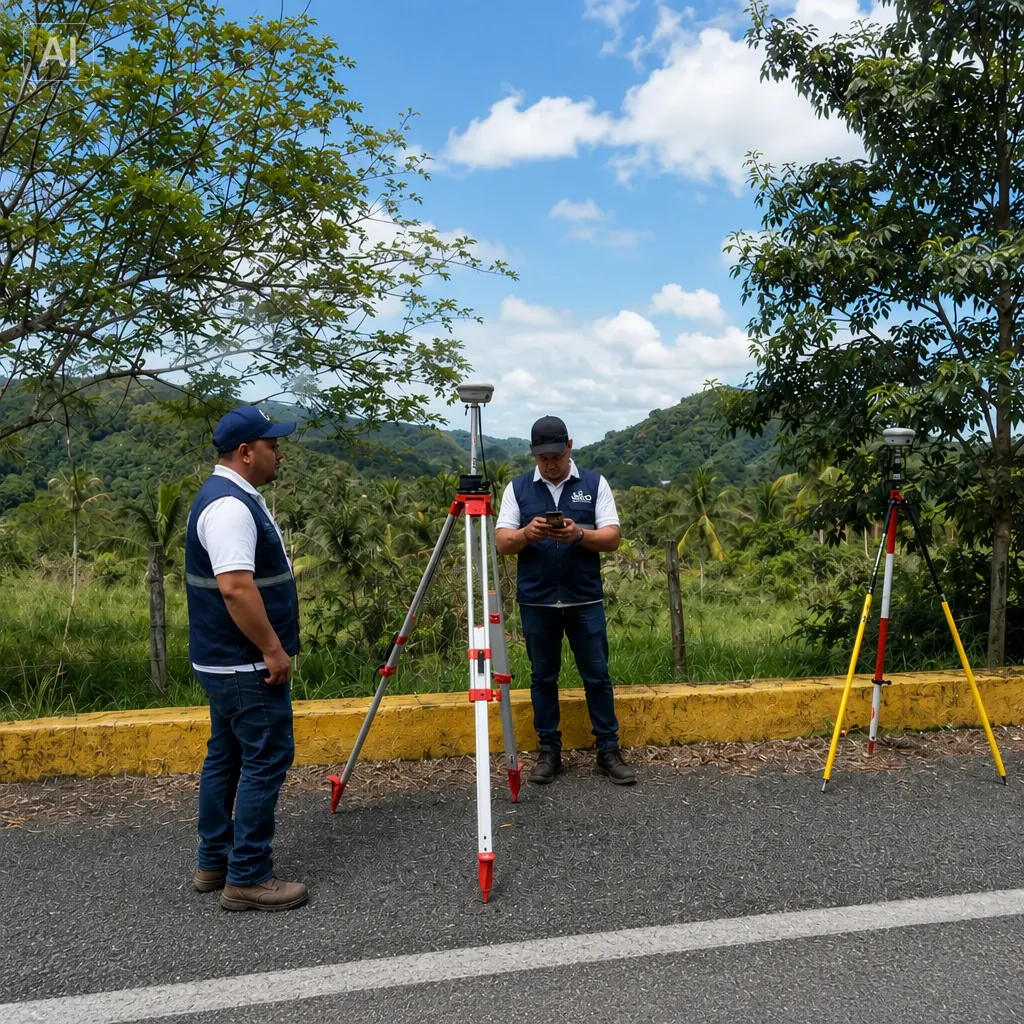 Dos técnicos de SICO S.A.S. operando una estación total al borde de una vía rural, con montañas al fondo